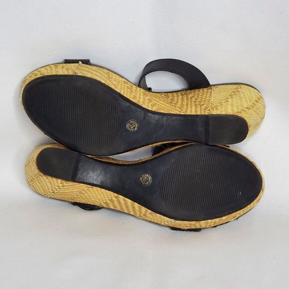 Black Leather T Strap Platform Wedge Open Toe Sandals Sz 9.5 - Picture 8 of 8